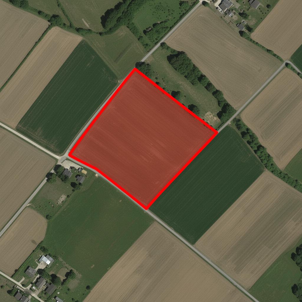 Aerial map showing a land plot with red boundary overlay